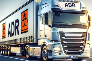 DALL·E 2024-02-21 12.53.29 - A European-style truck designed for the transport of hazardous materials, prominently featuring the ADR signage on its side. The truck is modern, with